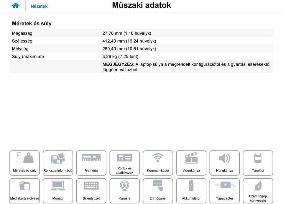 hüvelyk) 3,29 kg (7,25 font) MEGJEGYZÉS: A laptop súlya a