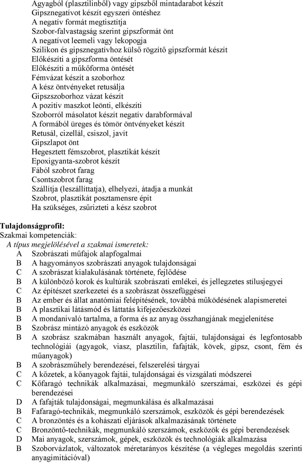 Gipszszoborhoz vázat készít A pozitív maszkot leönti, elkészíti Szoborról másolatot készít negatív darabformával A formából üreges és tömör öntvényeket készít Retusál, cizellál, csiszol, javít