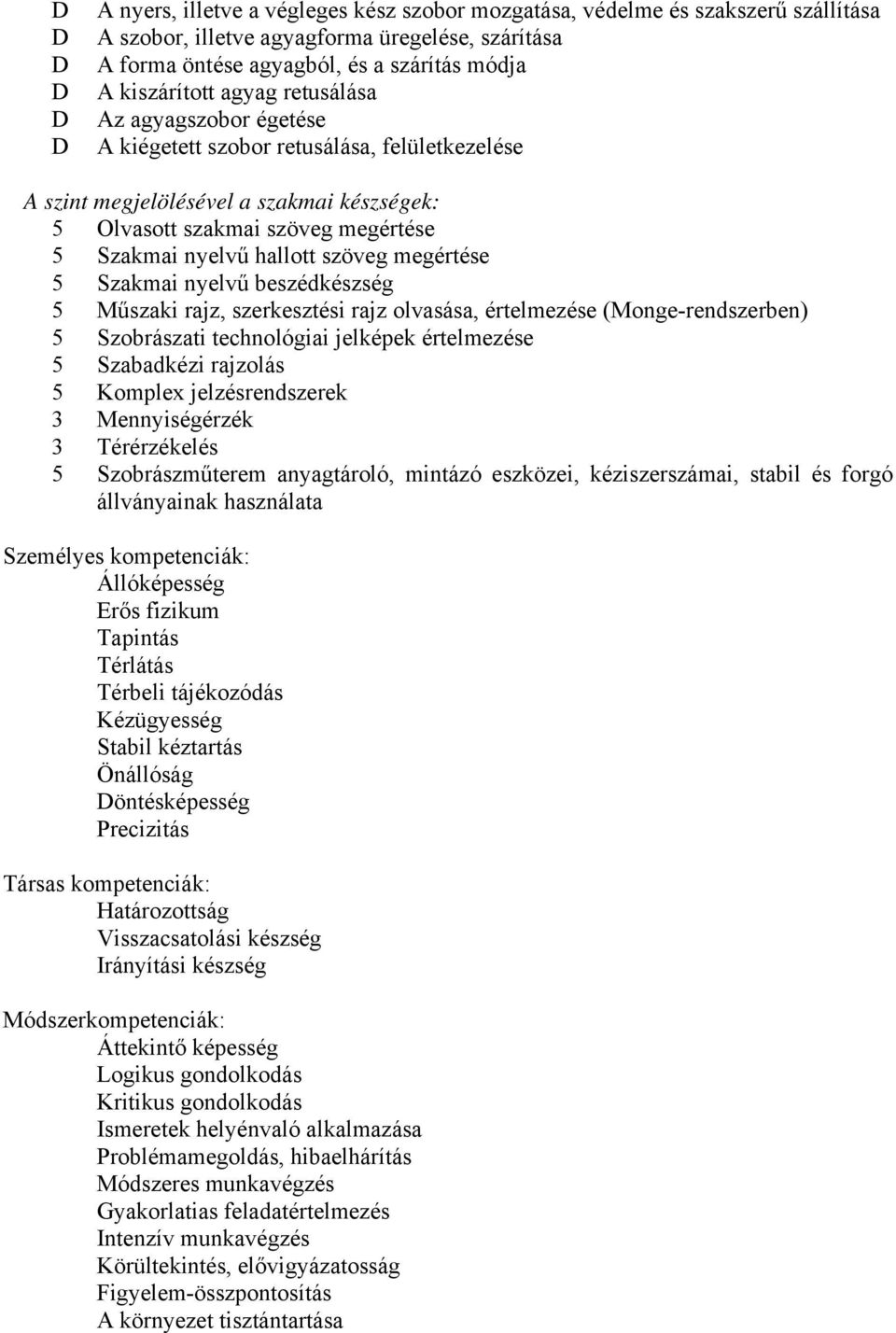 megértése 5 Szakmai nyelvű beszédkészség 5 Műszaki rajz, szerkesztési rajz olvasása, értelmezése (Monge-rendszerben) 5 Szobrászati technológiai jelképek értelmezése 5 Szabadkézi rajzolás 5 Komplex