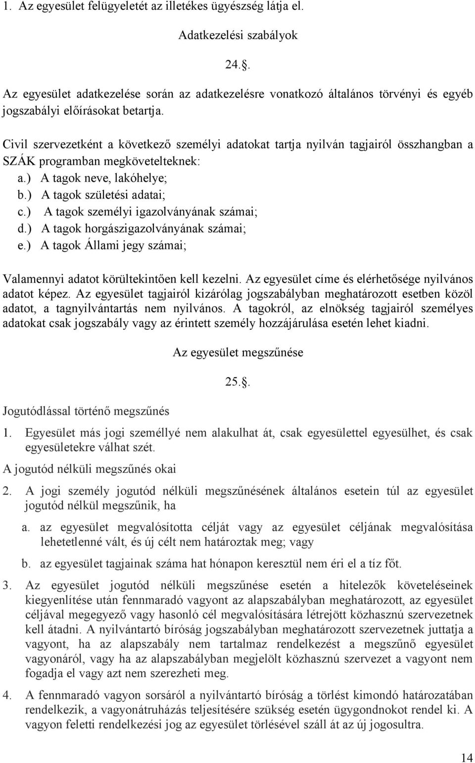 Civil szervezetként a következő személyi adatokat tartja nyilván tagjairól összhangban a SZÁK programban megkövetelteknek: a.) A tagok neve, lakóhelye; b.) A tagok születési adatai; c.