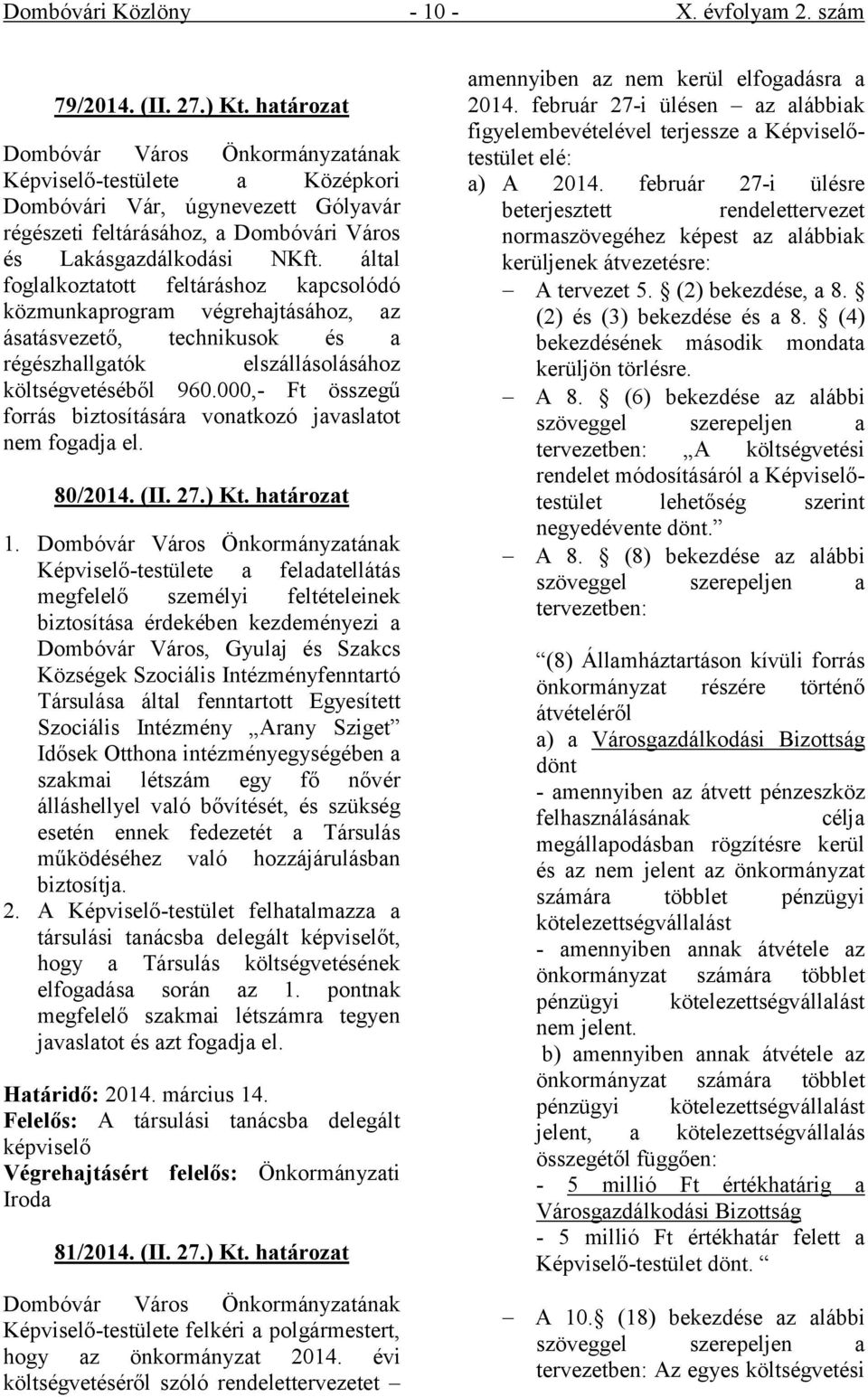 által foglalkoztatott feltáráshoz kapcsolódó közmunkaprogram végrehajtásához, az ásatásvezető, technikusok és a régészhallgatók elszállásolásához költségvetéséből 960.