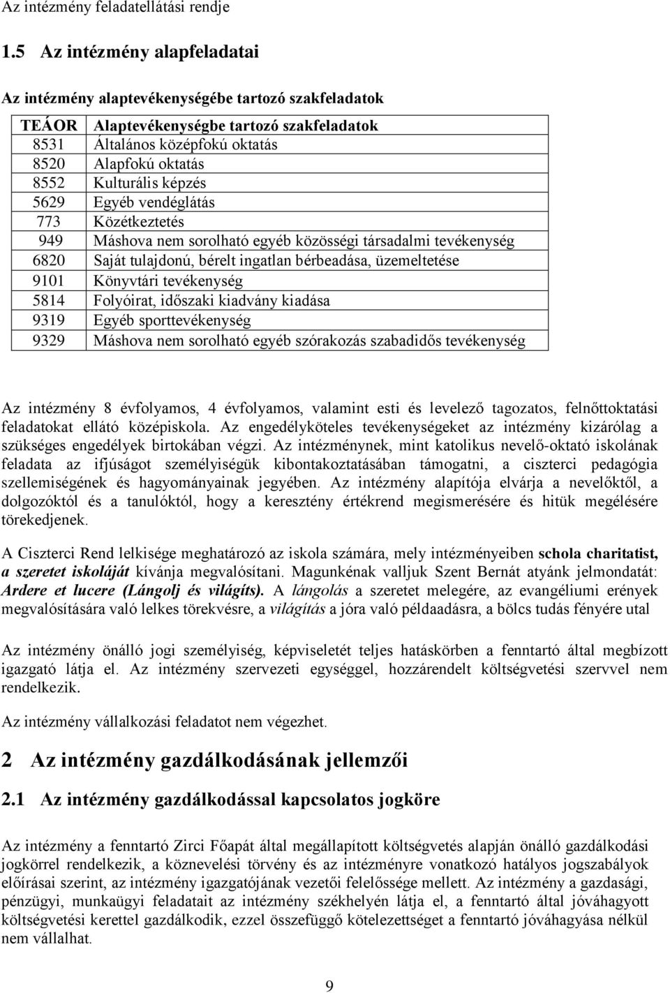 képzés 5629 Egyéb vendéglátás 773 Közétkeztetés 949 Máshova nem sorolható egyéb közösségi társadalmi tevékenység 6820 Saját tulajdonú, bérelt ingatlan bérbeadása, üzemeltetése 9101 Könyvtári