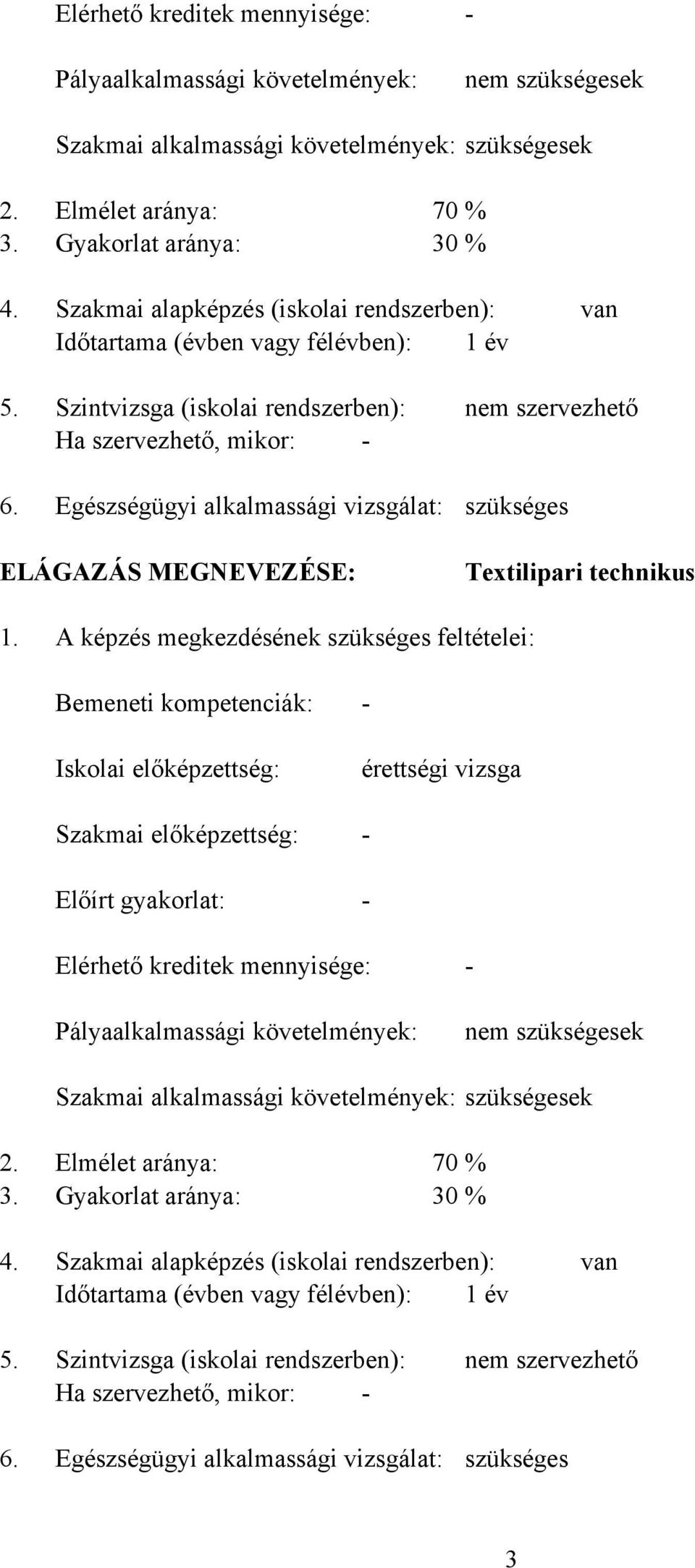 Szintvizsga (iskolai rendszerben): Ha szervezhető, mikor: - Egészségügyi alkalmassági vizsgálat: nem szervezhető szükséges ELÁGAZÁS MEGNEVEZÉSE: Textilipari technikus 1.