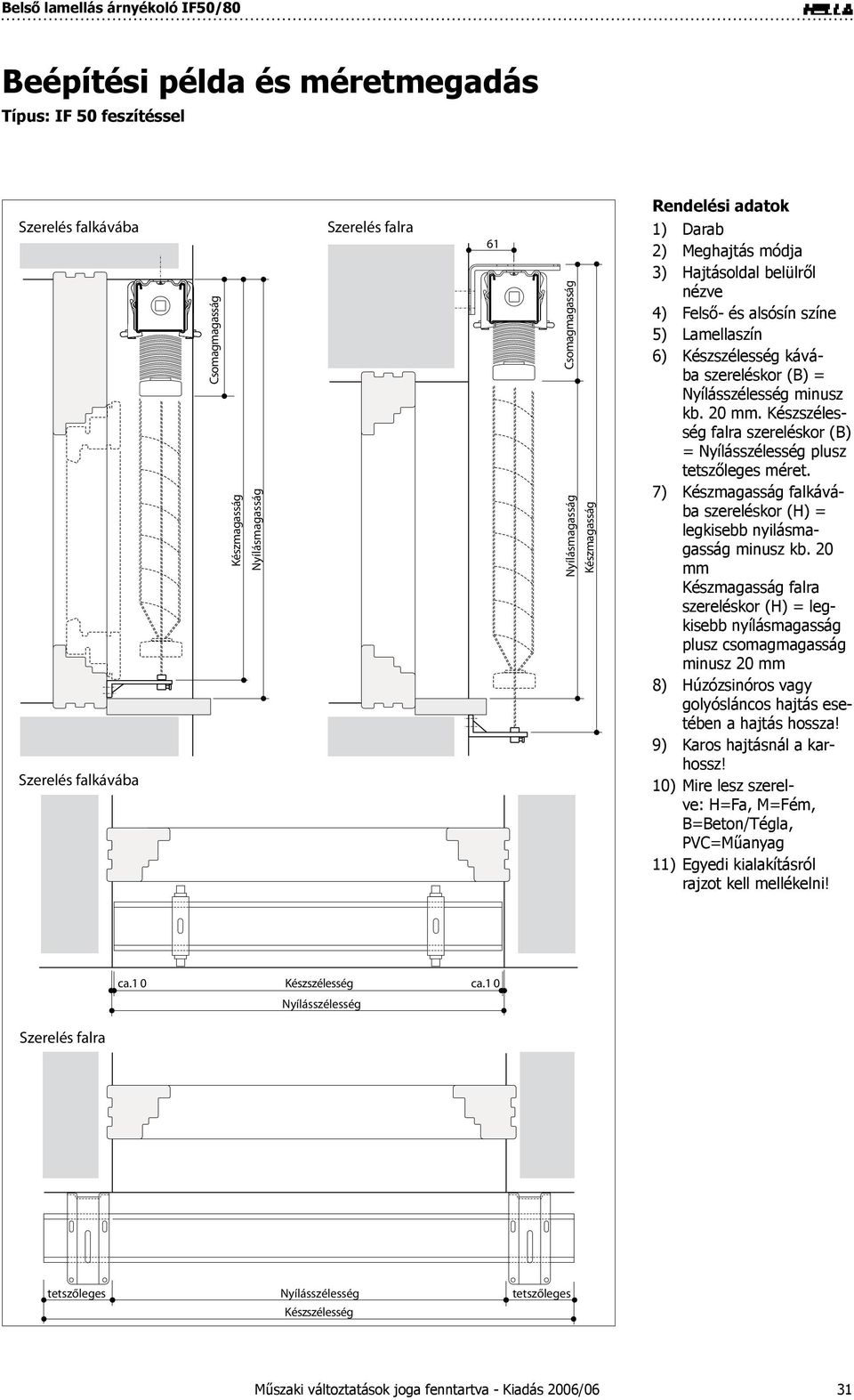 Készszélesség falra szereléskor (B) = Nyílásszélesség plusz tetszőleges méret. Készmagasság falkávába szereléskor (H) = legkisebb nyilásmagasság minusz kb.