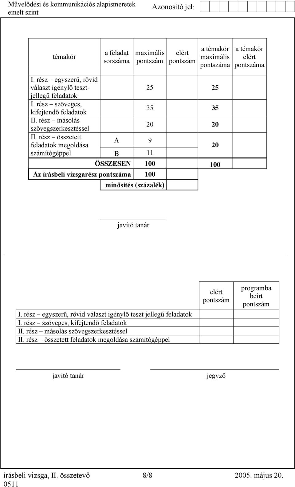 rész összetett A 9 feladatok megoldása 20 számítógéppel B 11 Az írásbeli vizsgarész pontszáma 100 ÖSSZESEN 100 100 minősítés (százalék) javító tanár I.