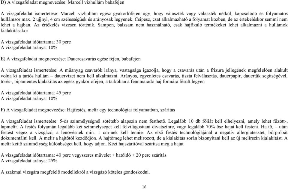 Sampon, balzsam nem használható, csak hajfixáló termékeket lehet alkalmazni a hullámok kialakításakor A vizsgafeladat időtartama: 30 perc A vizsgafeladat aránya: 10% E) A vizsgafeladat megnevezése: