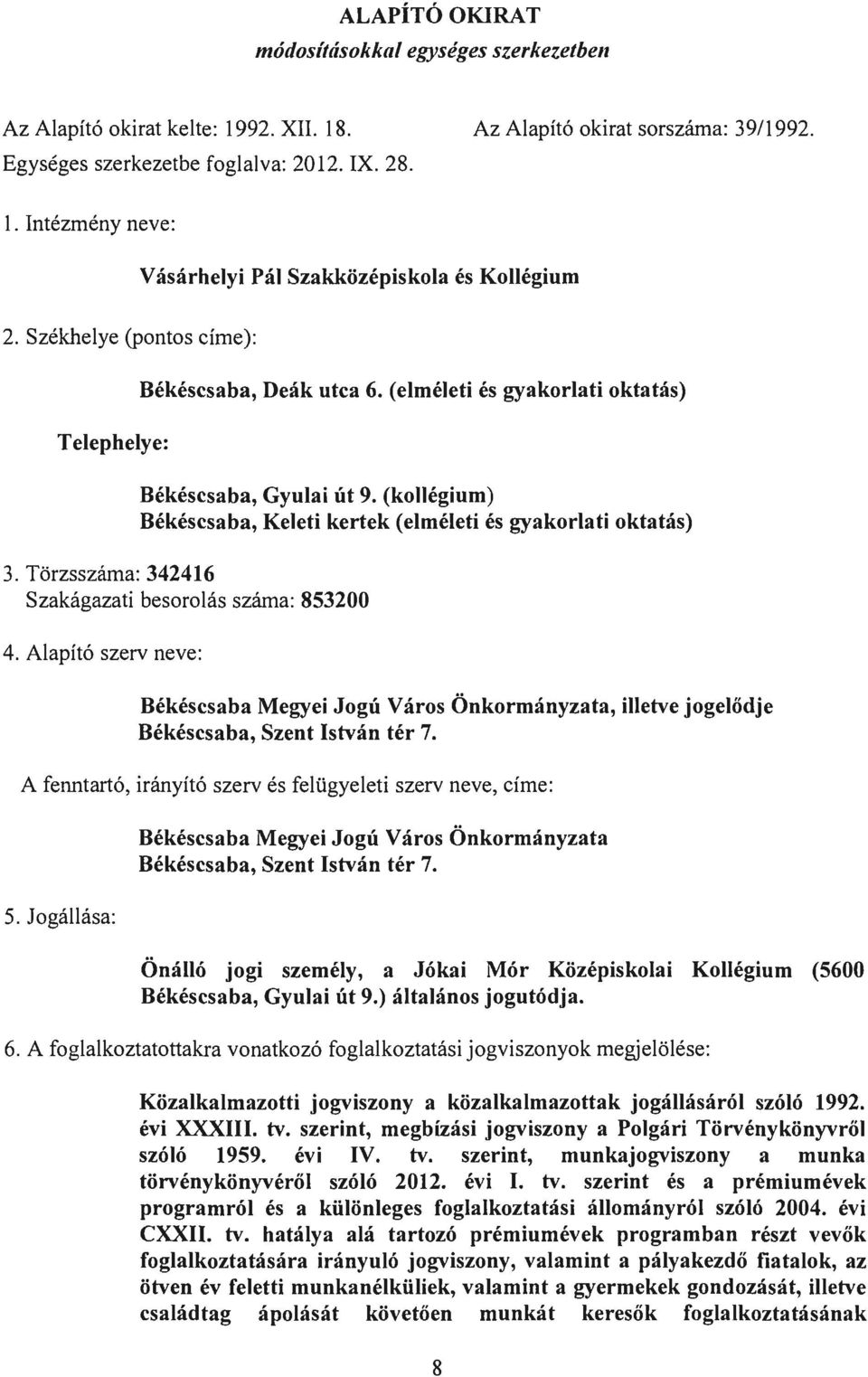 Törzsszáma: 342416 Szakágazati besorolás száma: 853200 4. Alapító szerv neve: Békéscsaba Megyei Jogú Város Önkormányzata, illetve jogelődje Békéscsaba, Szent István tér 7.