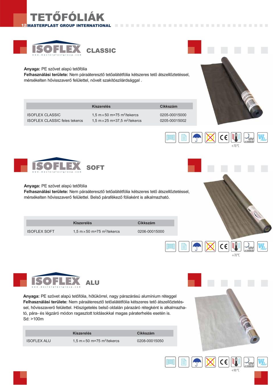 ISOFLEX CLASSIC 1,5 m 50 m=75 m 2 /tekercs 0205-00015000 ISOFLEX CLASSIC feles tekercs 1,5 m 25 m=37,5 m 2 /tekercs 0205-00015002 +70 C SOFT Anyaga: PE szövet alapú tetőfólia Felhasználási területe: