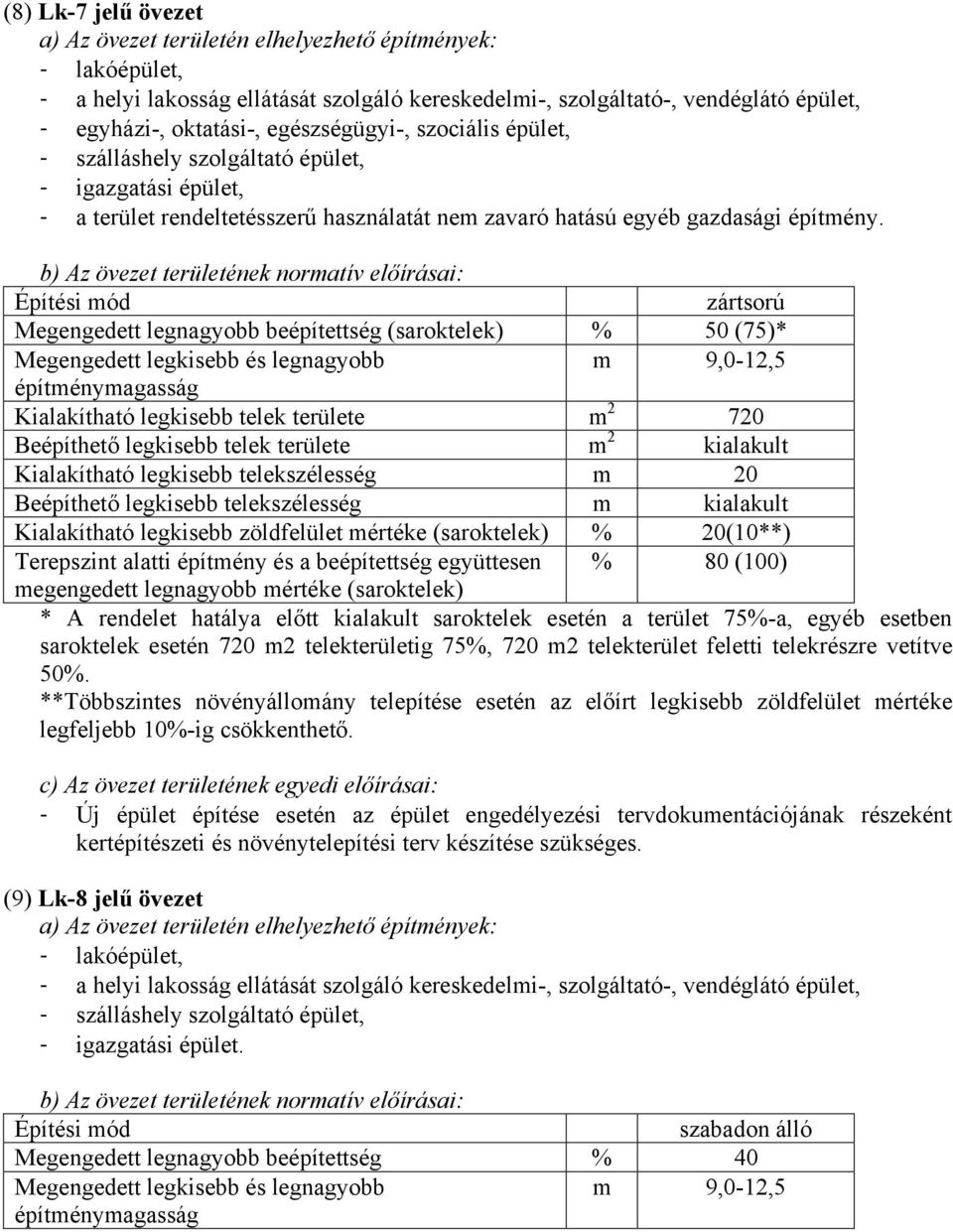 zártsorú Megengedett legnagyobb beépítettség (saroktelek) % 50 (75)* m 9,0-12,5 Kialakítható legkisebb telek területe m 2 720 Beépíthető legkisebb telek területe m 2 kialakult Kialakítható legkisebb