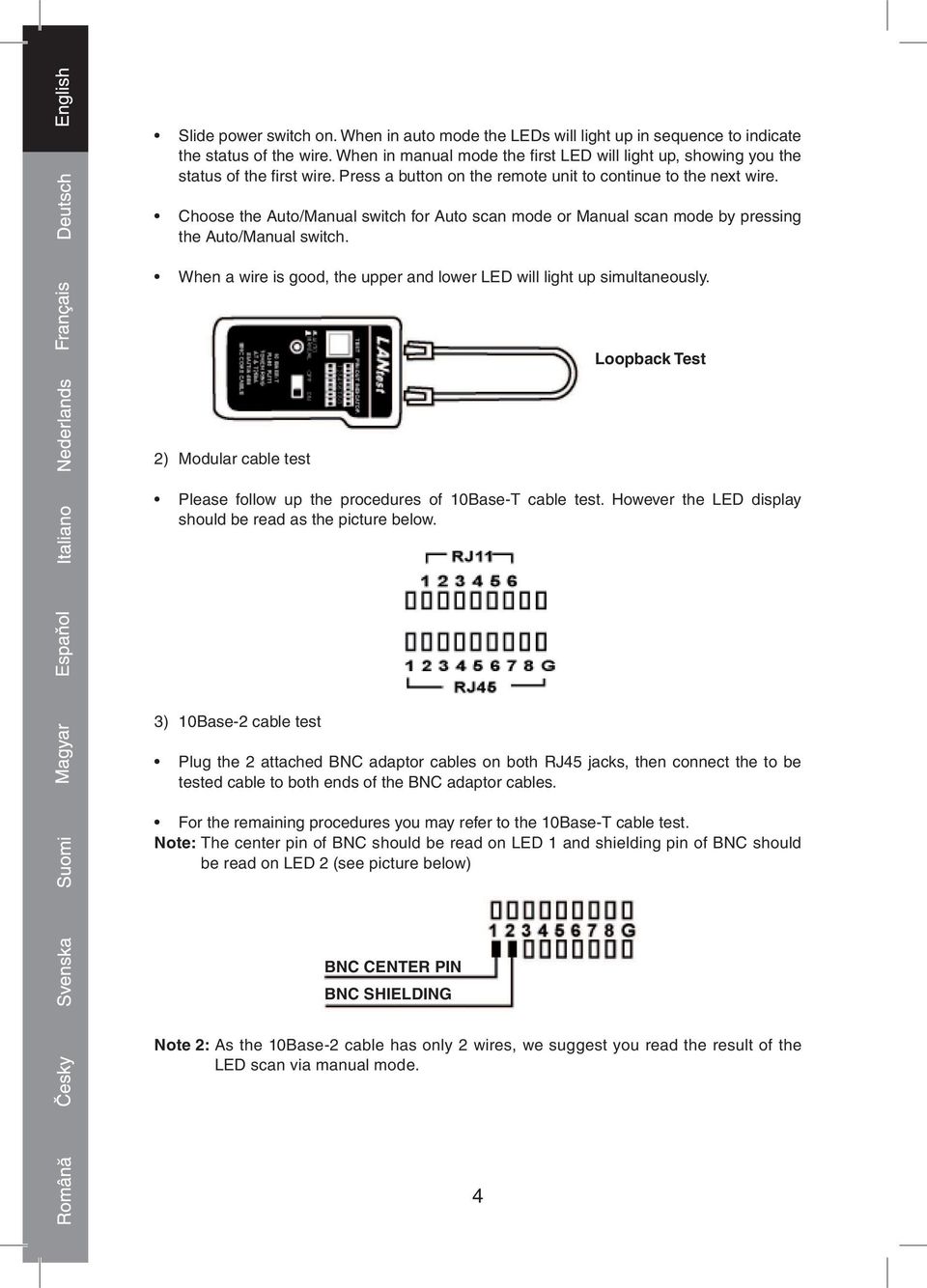 Choose the Auto/Manual switch for Auto scan mode or Manual scan mode by pressing the Auto/Manual switch. When a wire is good, the upper and lower LED will light up simultaneously.