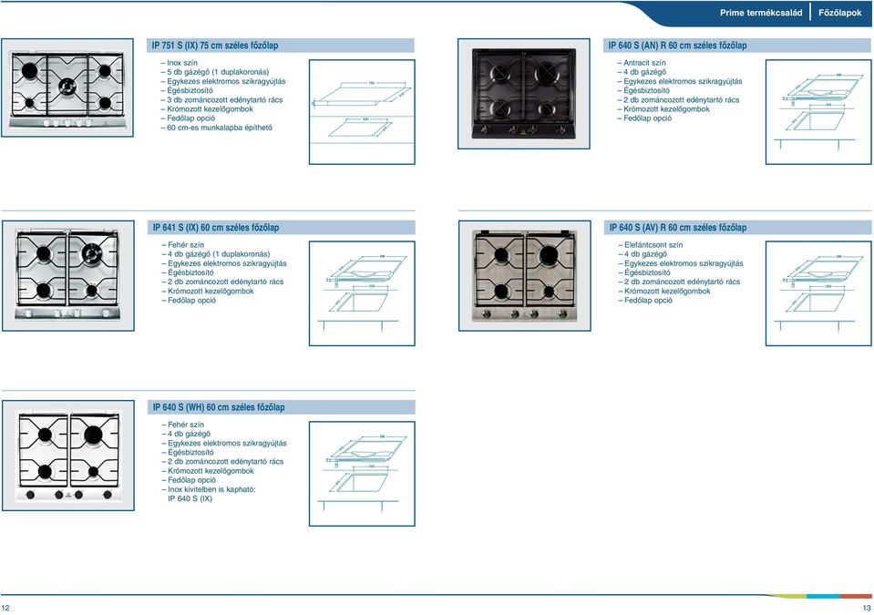 rács Krómozott kezelõgombok Fedõlap opció 33 17 475 555 590 IP 641 S (IX) 60 cm széles fõzõlap IP 640 S (AV) R 60 cm széles fõzõlap Fehér szín 4 db gázégõ (1 duplakoronás) Egykezes elektromos