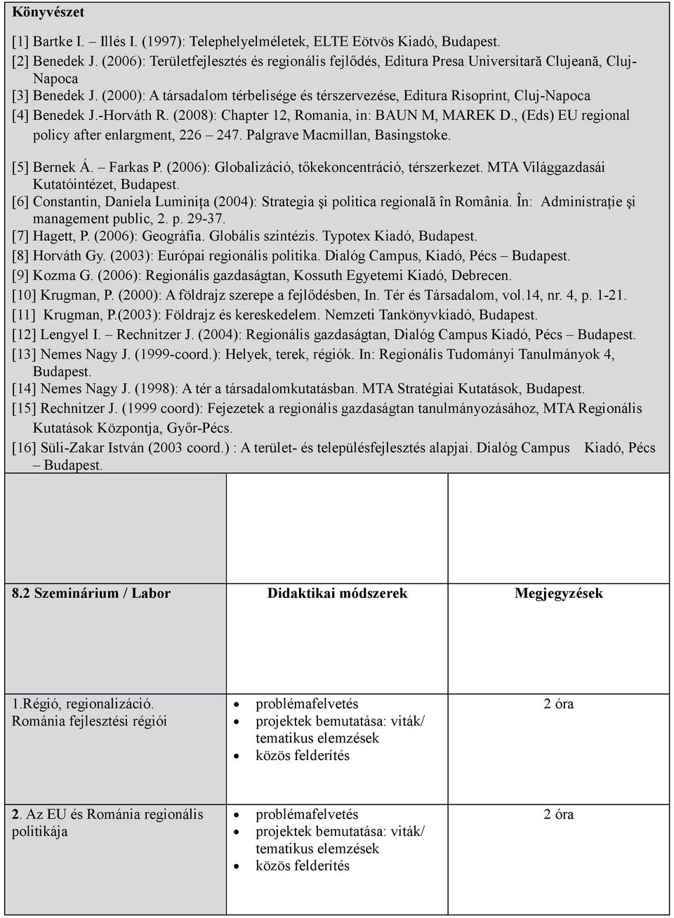 (2000): A társadalom térbelisége és térszervezése, Editura Risoprint, Cluj-Napoca [4] Benedek J.-Horváth R. (2008): Chapter 12, Romania, in: BAUN M, MAREK D.