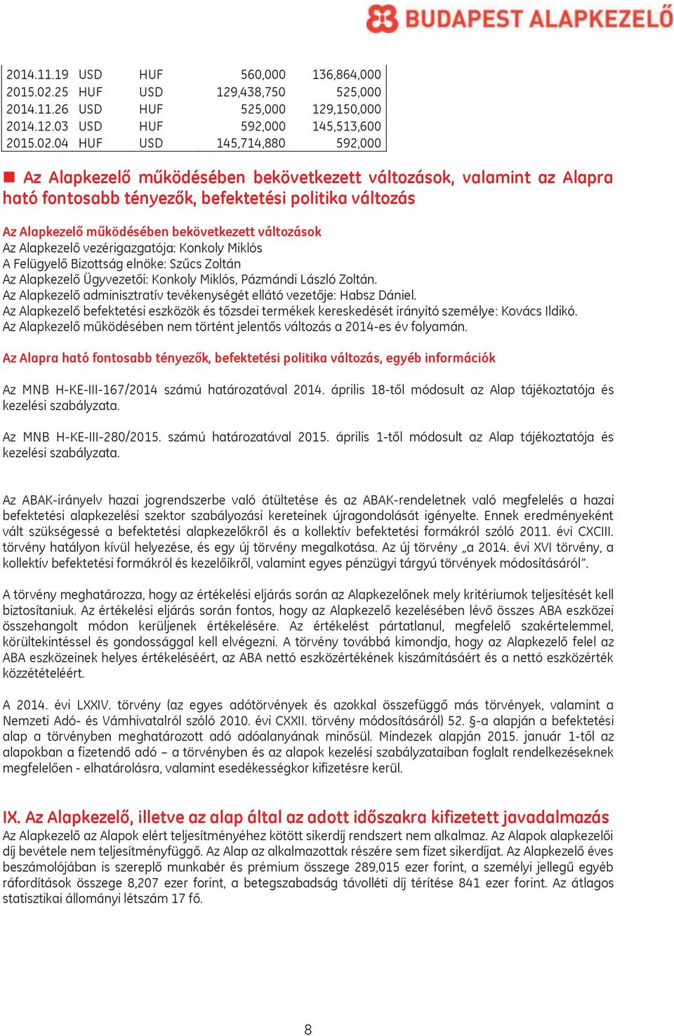 04 HUF USD 145,714,880 592,000 Az Alapkezelő működésében bekövetkezett változások, valamint az Alapra ható fontosabb tényezők, befektetési politika változás Az Alapkezelő működésében bekövetkezett