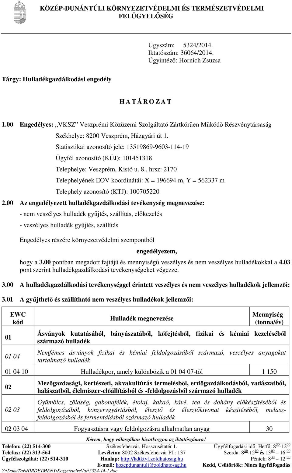 Statisztikai azonosító jele: 13519869-9603-114-19 Ügyfél azonosító (KÜJ): 101451318 Telephelye: Veszprém, Kistó u. 8.