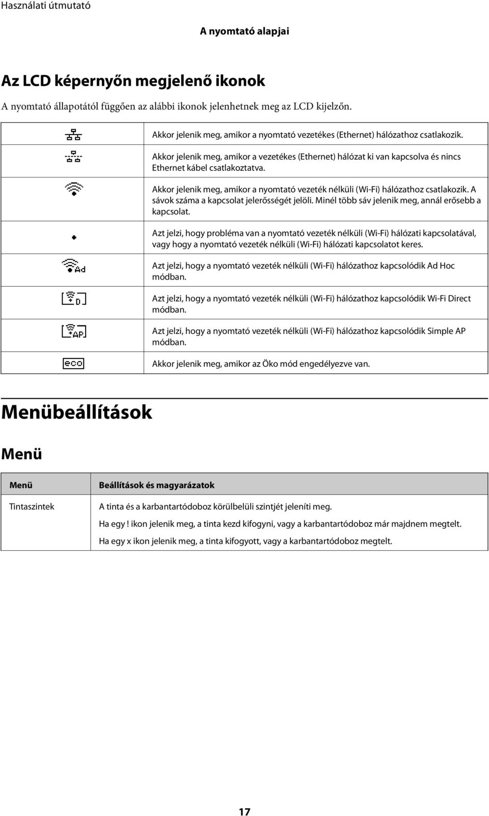 Akkor jelenik meg, amikor a nyomtató vezeték nélküli (Wi-Fi) hálózathoz csatlakozik. A sávok száma a kapcsolat jelerősségét jelöli. Minél több sáv jelenik meg, annál erősebb a kapcsolat.