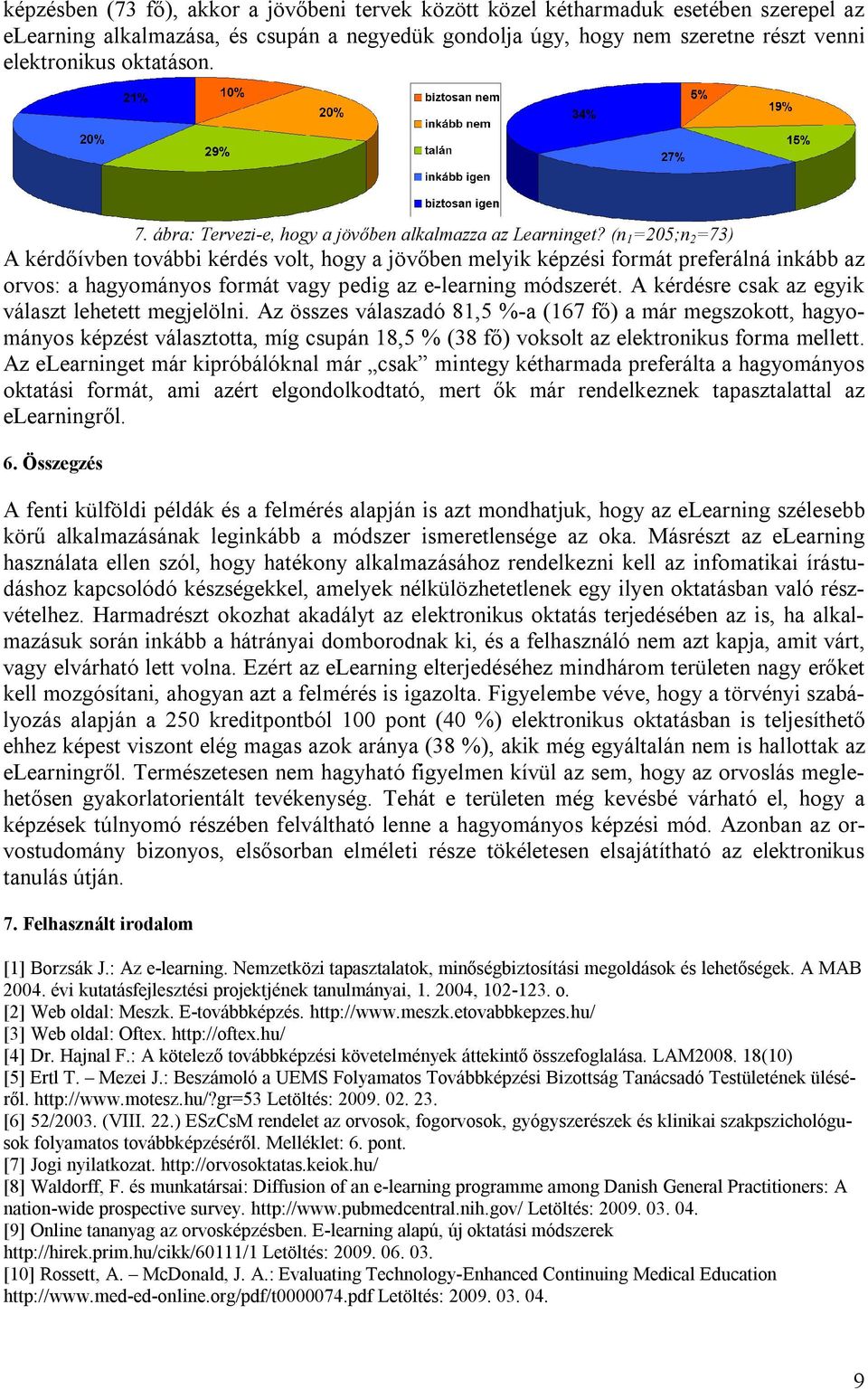 (n 1 =205;n 2 =73) A kérdőívben további kérdés volt, hogy a jövőben melyik képzési formát preferálná inkább az orvos: a hagyományos formát vagy pedig az e-learning módszerét.