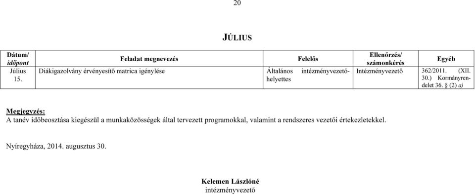 (2) a) Megjegyzés: A tanév időbeosztása kiegészül a munkaközösségek által