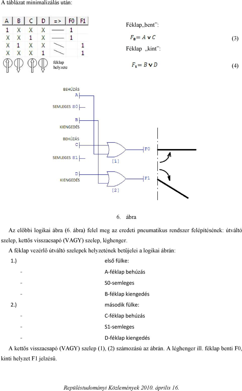 A féklap vezérlő útváltó szelepek helyzetének betűjelei a logikai ábrán: 1.) első fülke: - A-féklap behúzás - S0-semleges - B-féklap kiengedés 2.