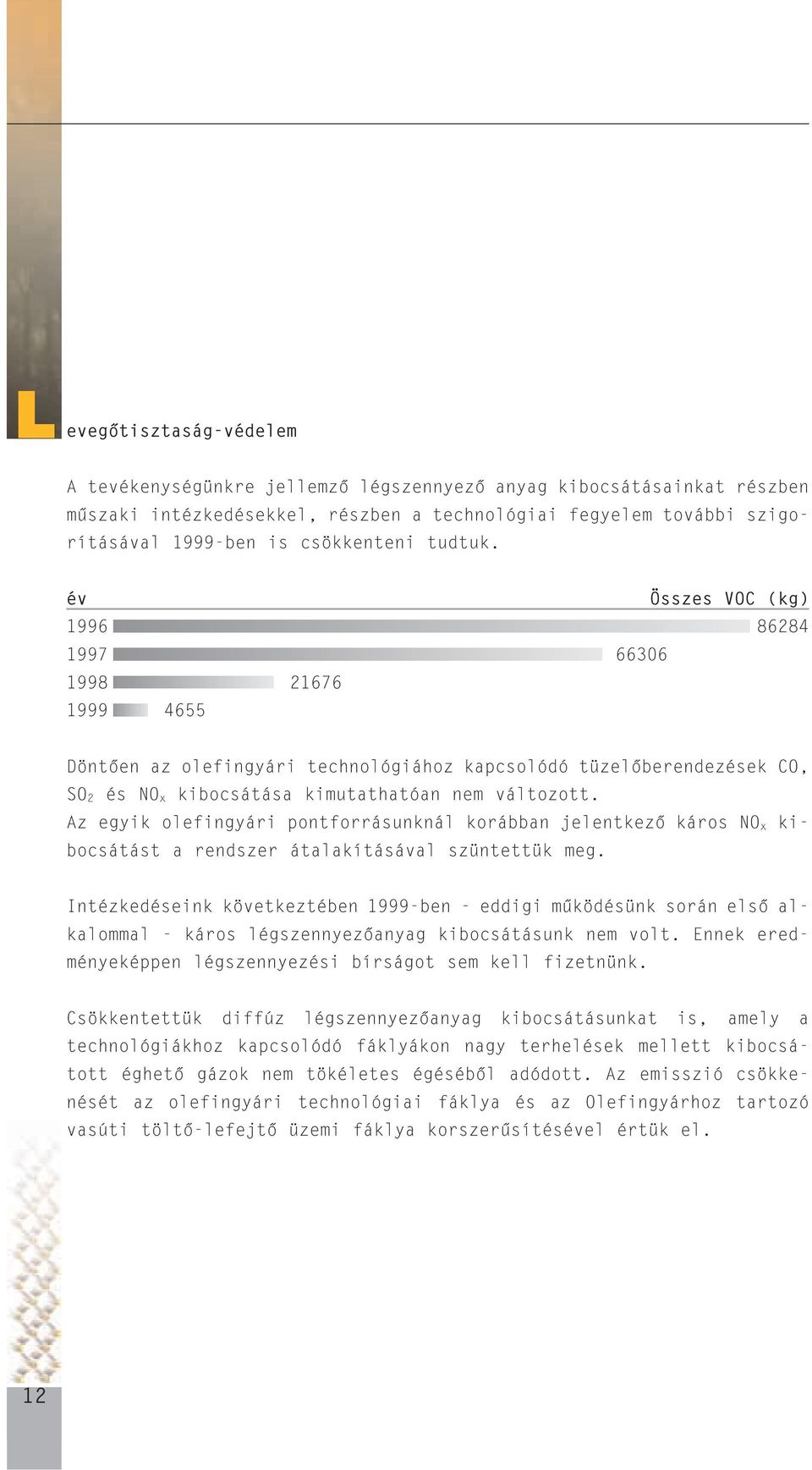 év Összes VOC (kg) 1996 86284 1997 66306 1998 21676 1999 4655 Döntõen az olefingyári technológiához kapcsolódó tüzelõberendezések CO, SO 2 és NO x kibocsátása kimutathatóan nem változott.