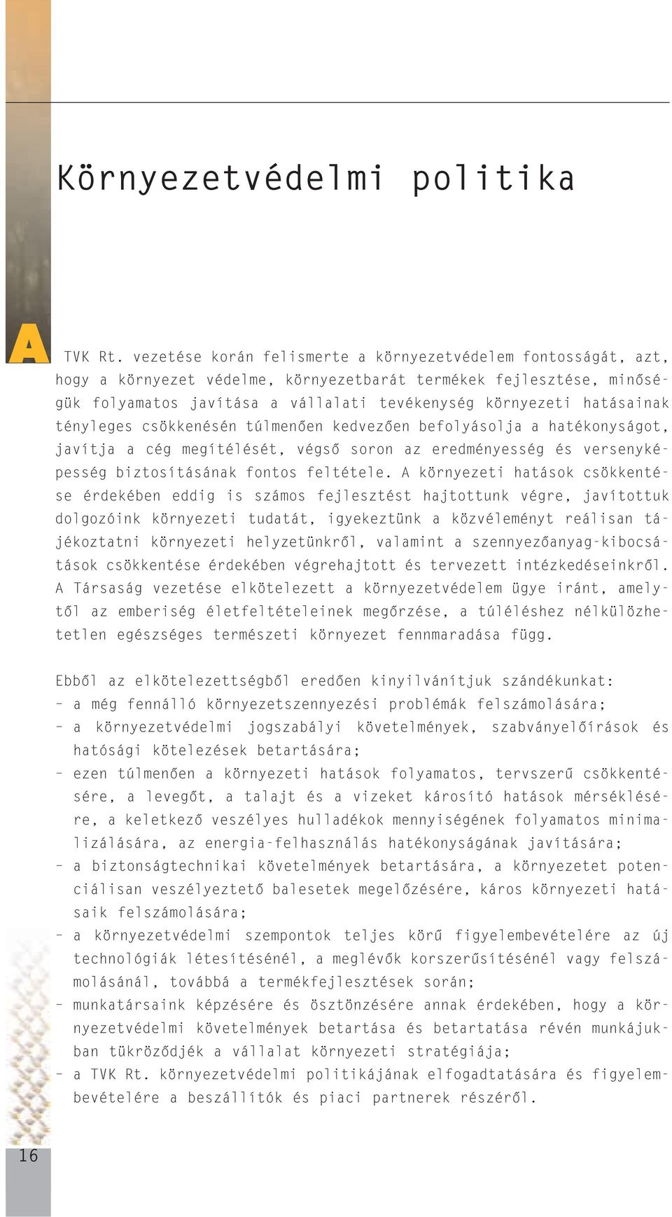 hatásainak tényleges csökkenésén túlmenõen kedvezõen befolyásolja a hatékonyságot, javítja a cég megítélését, végsõ soron az eredményesség és versenyképesség biztosításának fontos feltétele.