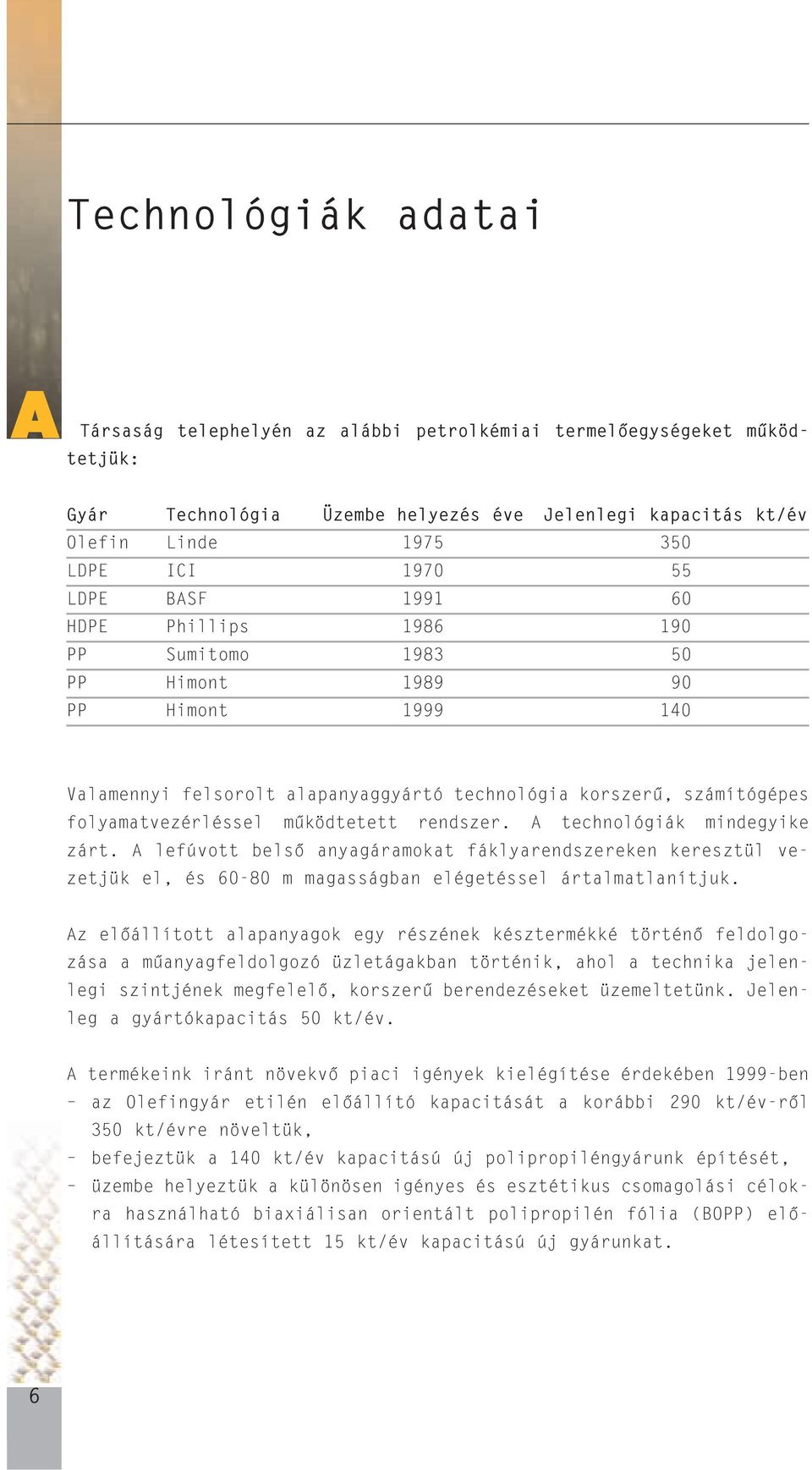 mûködtetett rendszer. A technológiák mindegyike zárt. A lefúvott belsõ anyagáramokat fáklyarendszereken keresztül vezetjük el, és 60-80 m magasságban elégetéssel ártalmatlanítjuk.