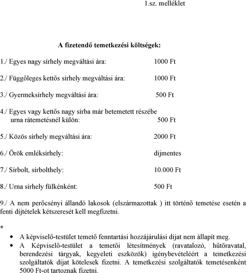 / Urna sírhely fülkénként: 500 Ft 9./ A nem perőcsényi állandó lakosok (elszármazottak ) itt történő temetése esetén a fenti díjtételek kétszeresét kell megfizetni.