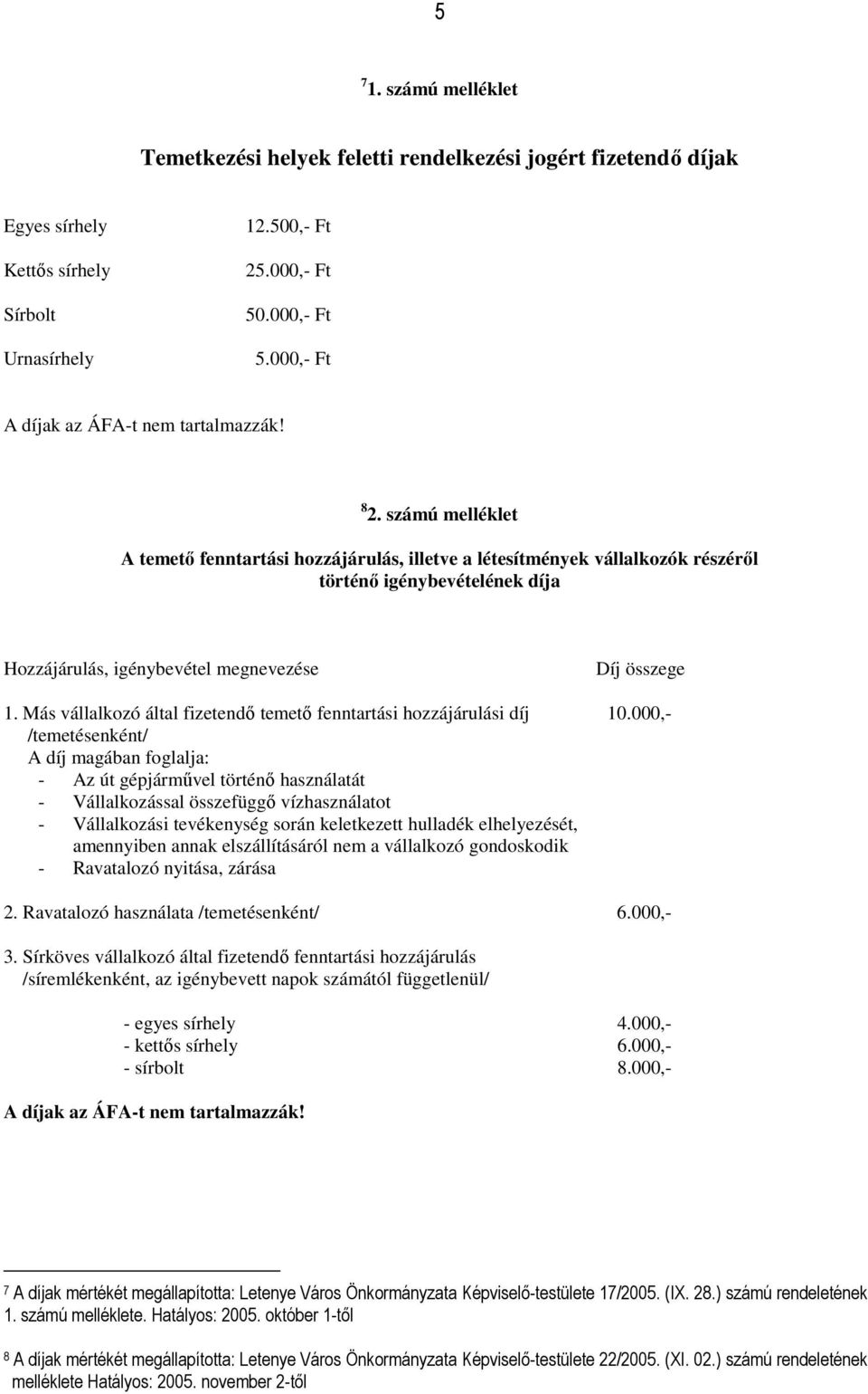 számú melléklet A temetı fenntartási hozzájárulás, illetve a létesítmények vállalkozók részérıl történı igénybevételének díja Hozzájárulás, igénybevétel megnevezése Díj összege 1.