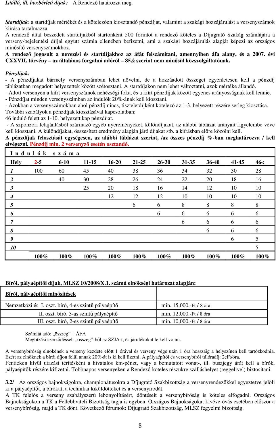 hozzájárulás alapját képezi az országos minősítő versenyszámokhoz. A rendező jogosult a nevezési és startdíjakhoz az áfát felszámítani, amennyiben áfa alany, és a 2007. évi CXXVII.