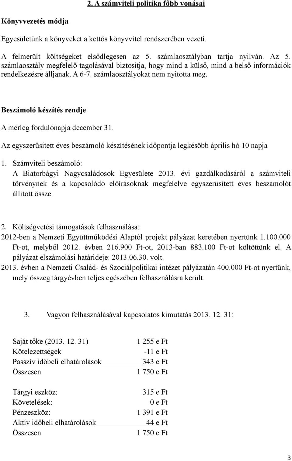 Beszámoló készítés rendje A mérleg fordulónapja december 31. Az egyszerűsített éves beszámoló készítésének időpontja legkésőbb április hó 10 napja 1.