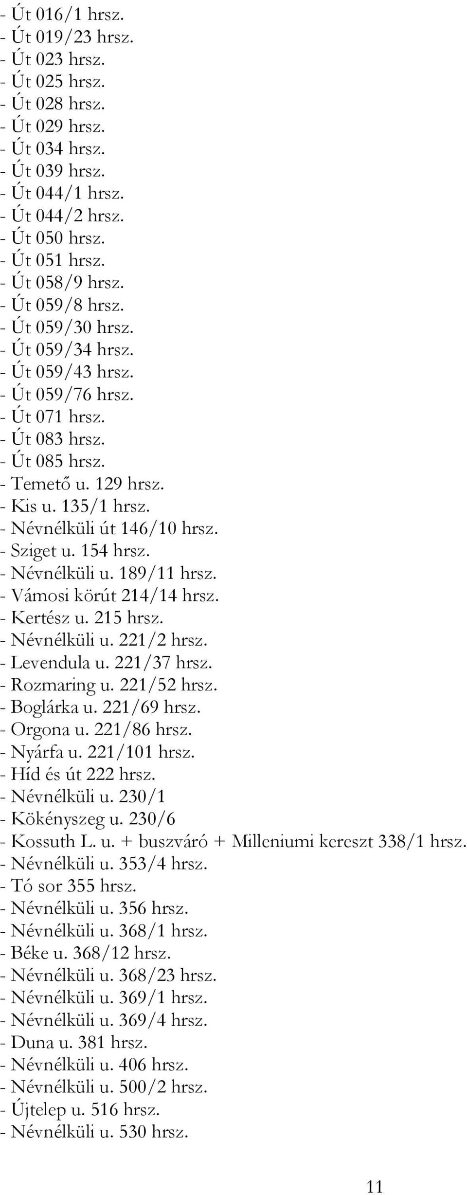 - Névnélküli út 146/10 hrsz. - Sziget u. 154 hrsz. - Névnélküli u. 189/11 hrsz. - Vámosi körút 214/14 hrsz. - Kertész u. 215 hrsz. - Névnélküli u. 221/2 hrsz. - Levendula u. 221/37 hrsz.