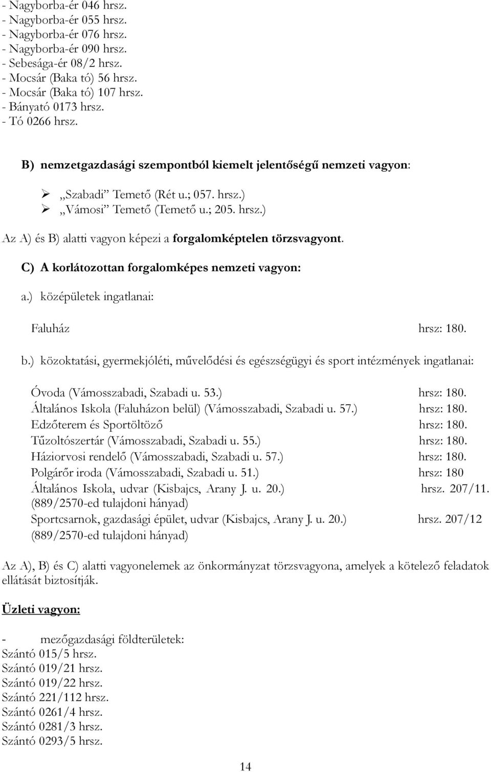 C) A korlátozottan forgalomképes nemzeti vagyon: a.) középületek ingatlanai: Faluház hrsz: 180. b.