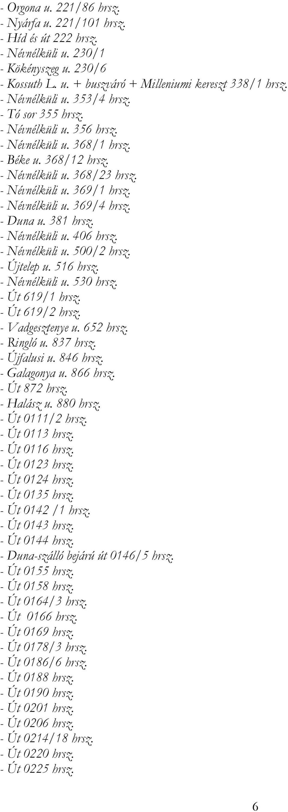 - Névnélküli u. 406 hrsz. - Névnélküli u. 500/2 hrsz. - Újtelep u. 516 hrsz. - Névnélküli u. 530 hrsz. - Út 619/1 hrsz. - Út 619/2 hrsz. - Vadgesztenye u. 652 hrsz. - Ringló u. 837 hrsz. - Újfalusi u.