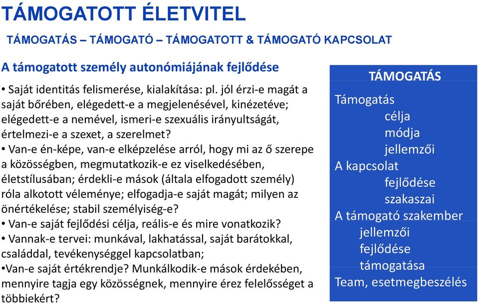 Van e én képe, van e elképzelése arról, hogy mi az ő szerepe a közösségben, megmutatkozik e ez viselkedésében, életstílusában; érdekli e mások (általa elfogadott személy) róla alkotott véleménye;