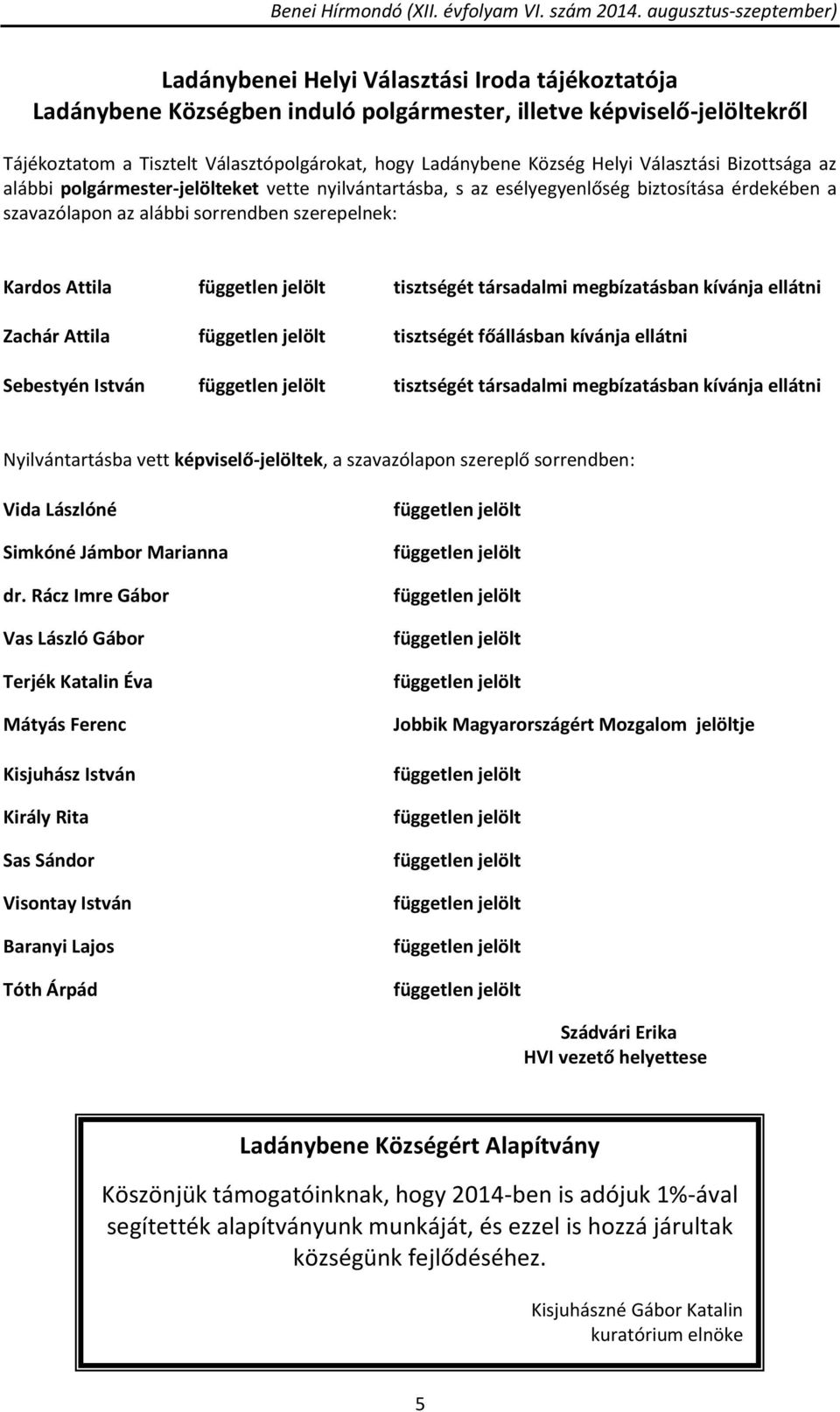 társadalmi megbízatásban kívánja ellátni Zachár Attila tisztségét főállásban kívánja ellátni Sebestyén István tisztségét társadalmi megbízatásban kívánja ellátni Nyilvántartásba vett