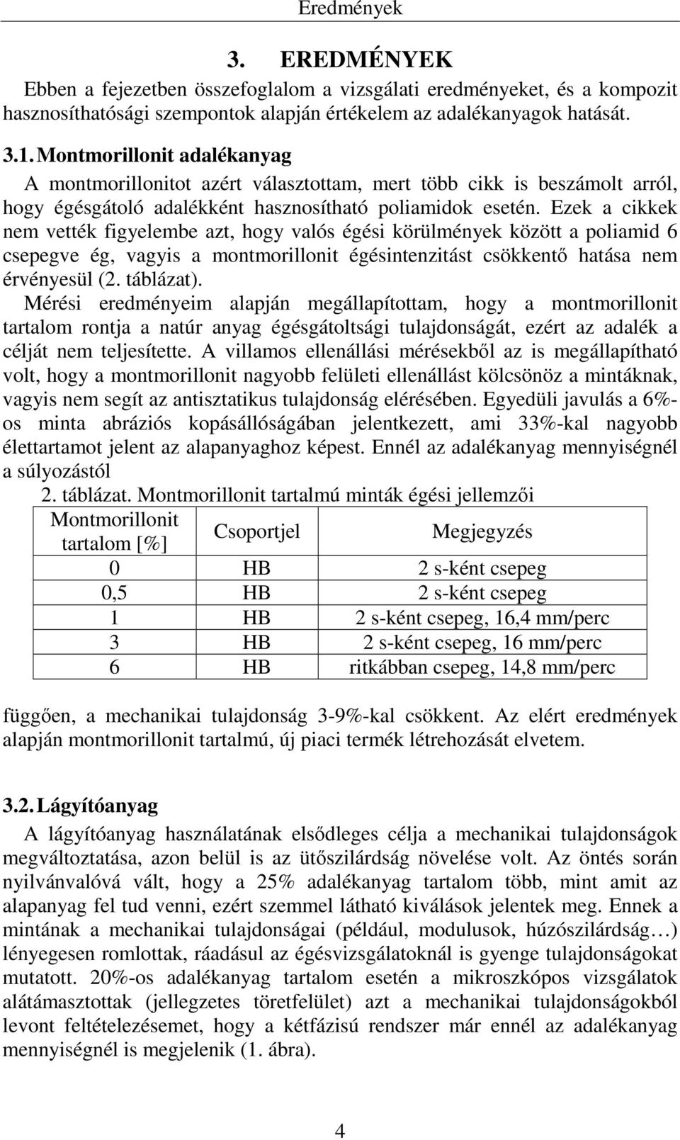 Ezek a cikkek nem vették figyelembe azt, hogy valós égési körülmények között a poliamid 6 csepegve ég, vagyis a montmorillonit égésintenzitást csökkentő hatása nem érvényesül (2. táblázat).