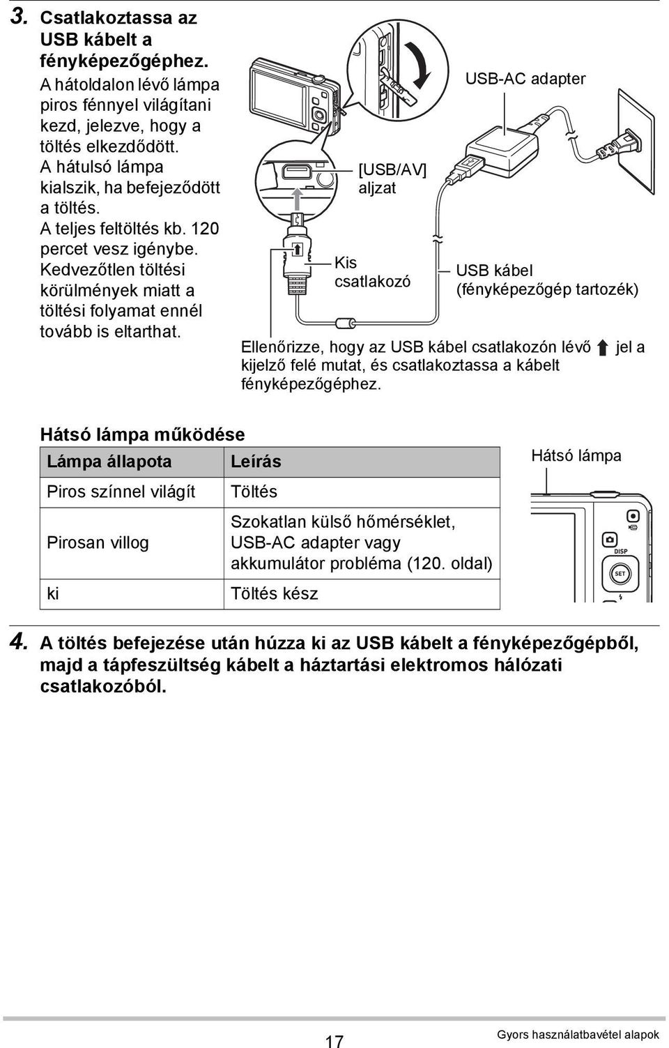 [USB/AV] aljzat Kis csatlakozó USB-AC adapter USB kábel (fényképezőgép tartozék) Ellenőrizze, hogy az USB kábel csatlakozón lévő kijelző felé mutat, és csatlakoztassa a kábelt fényképezőgéphez.