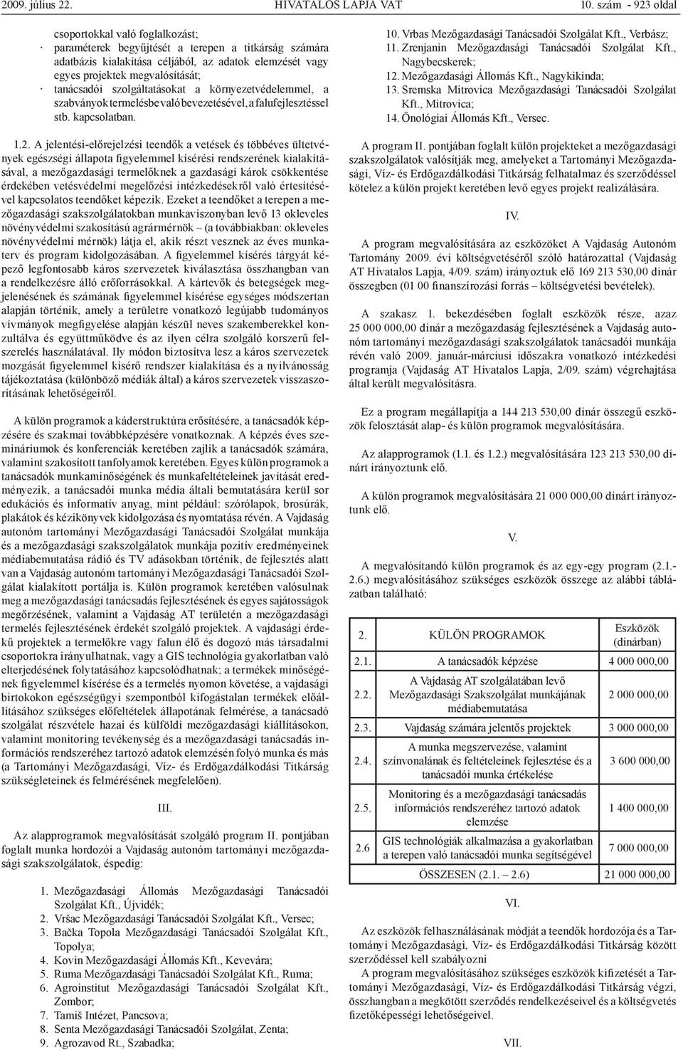 tanácsadói szolgáltatásokat a környezetvédelemmel, a szabványok termelésbe való bevezetésével, a falufejlesztéssel stb. kapcsolatban. 1.2.