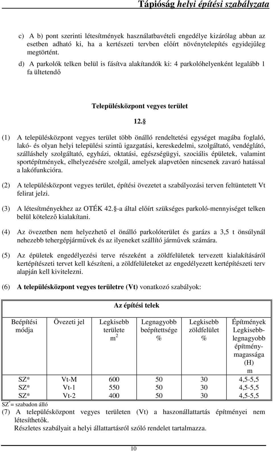 (1) A településközpont vegyes terület több önálló rendeltetési egységet magába foglaló, lakó- és olyan helyi települési szintű igazgatási, kereskedelmi, szolgáltató, vendéglátó, szálláshely