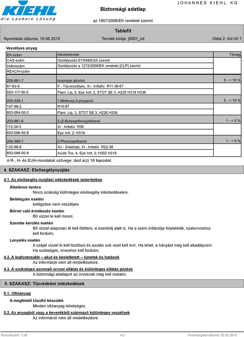 2, STOT SE 3; H225 H319 H336 203-539-1 1-Methoxy-2-propanol 5 - < 10 % 107-98-2 603-064-00-3 R10-67 Flam. Liq.