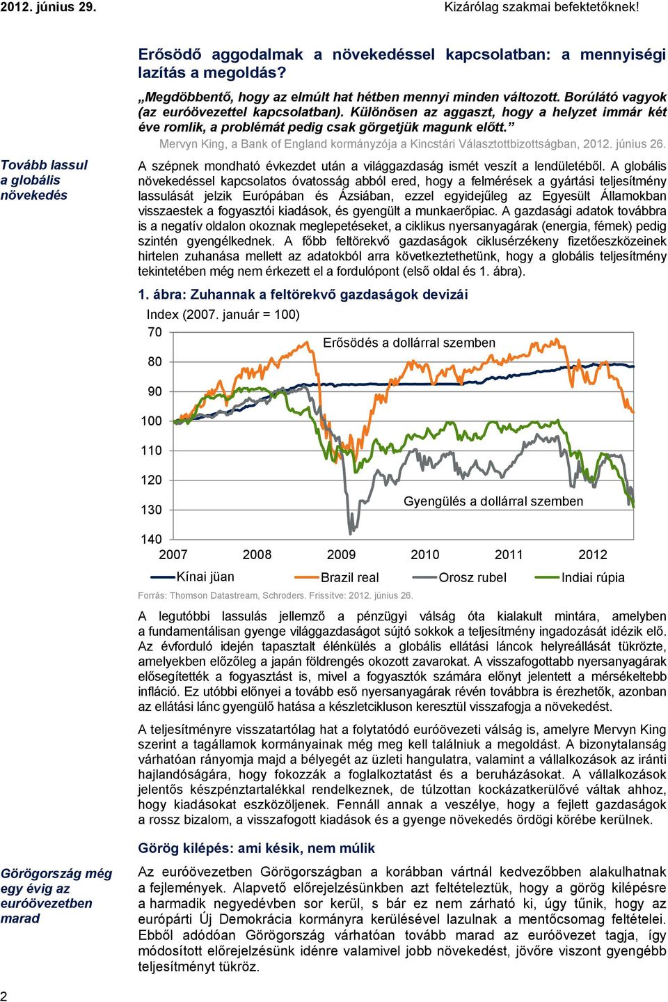 Mervyn King, a Bank of England kormányzója a Kincstári Választottbizottságban, 212. június 26. A szépnek mondható évkezdet után a világgazdaság ismét veszít a lendületéből.