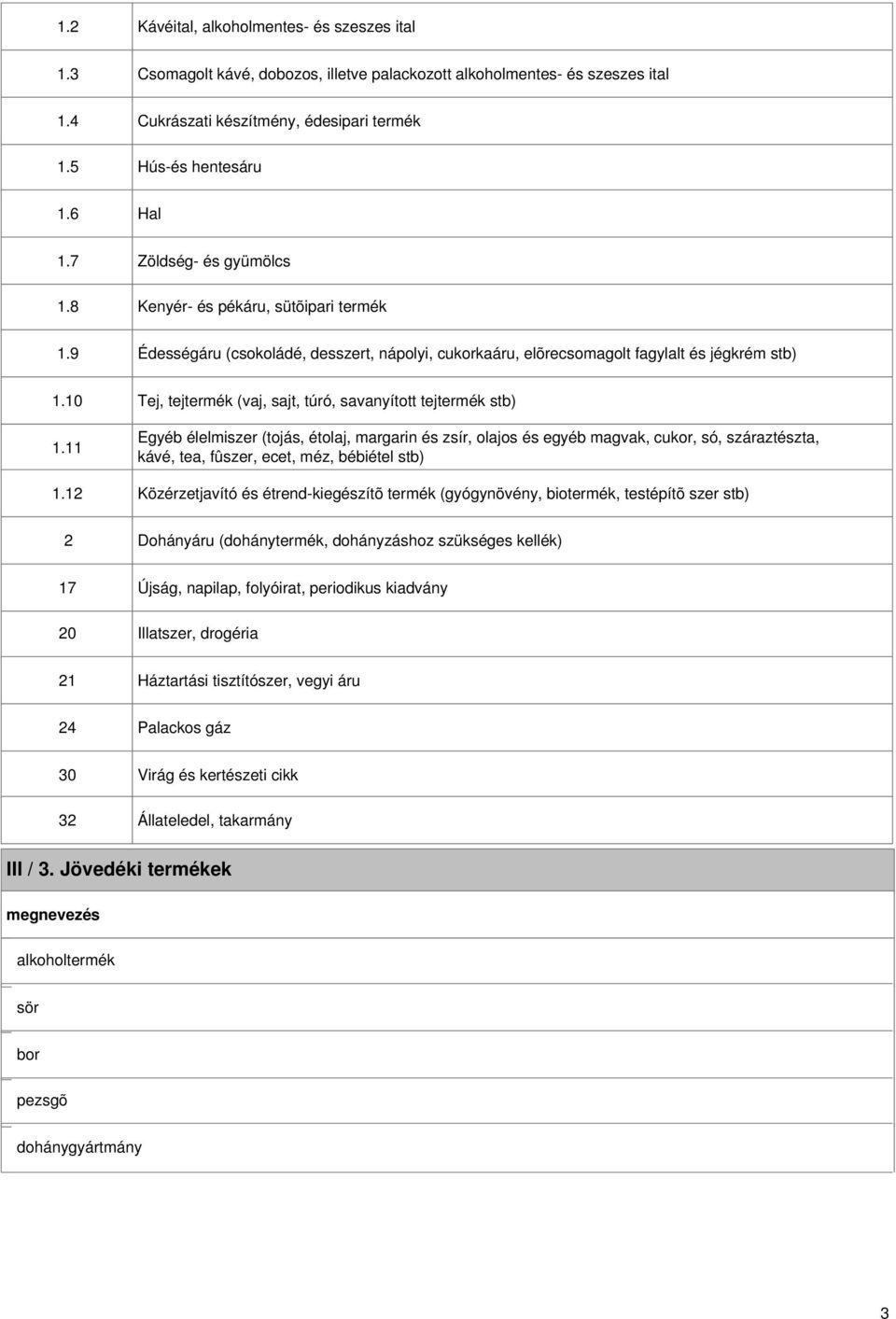 .2 Tej, tejtermék (vaj, sajt, túró, savanyított tejtermék stb) Egyéb élelmiszer (tojás, étolaj, margarin és zsír, olajos és egyéb magvak, cukor, só, száraztészta, kávé, tea, fûszer, ecet, méz,