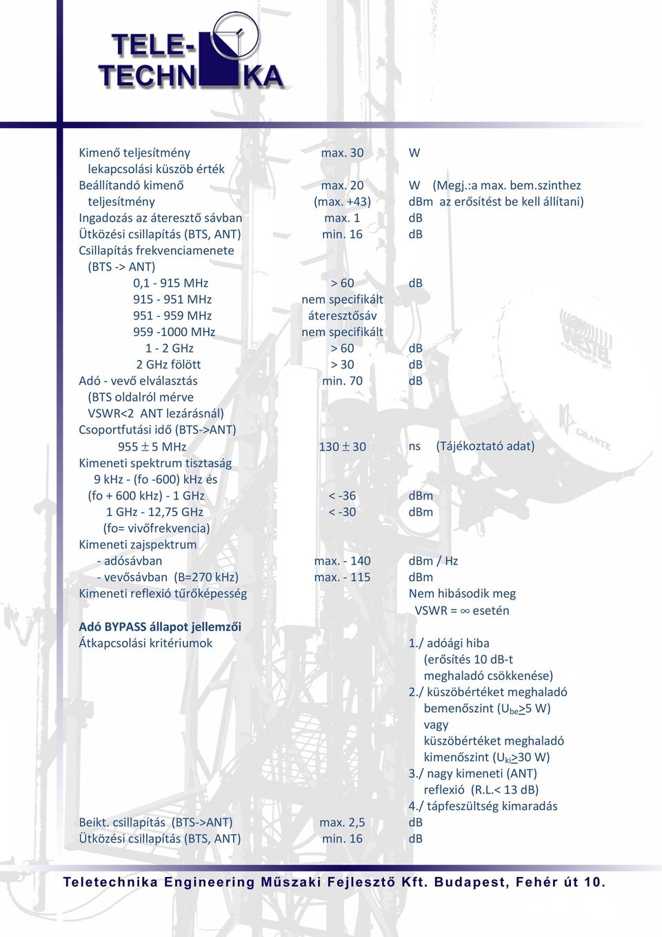 600 khz) - 1 GHz 1 GHz - 12,75 GHz (fo= vivőfrekvencia) Kimeneti zajspektrum - adósávban - vevősávban (B=270 khz) Kimeneti reflexió tűrőképesség max. 30 max. 20 (max. +43) max. 1 W (Megj.:a max. bem.