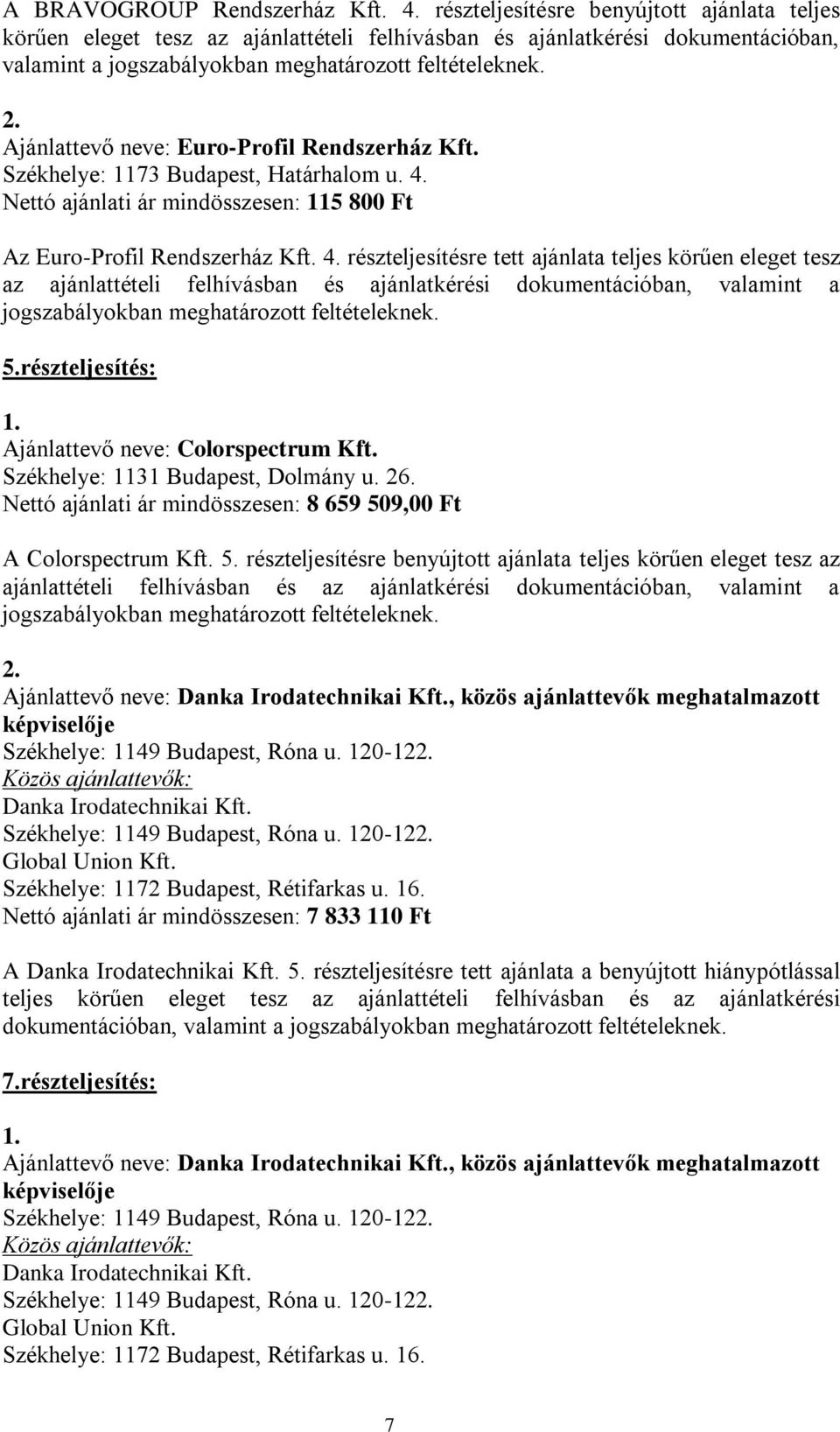 Ajánlattevő neve: Euro-Profil Rendszerház Kft. Székhelye: 1173 Budapest, Határhalom u. 4.