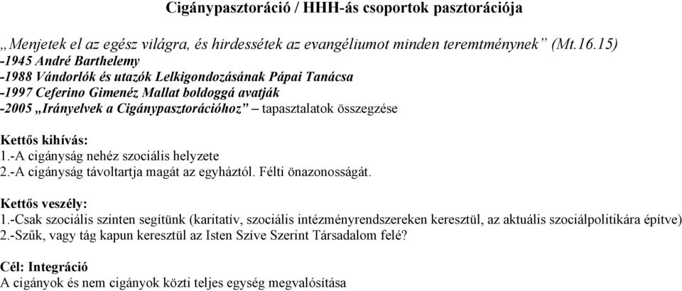 összegzése Kettős kihívás: 1.-A cigányság nehéz szociális helyzete 2.-A cigányság távoltartja magát az egyháztól. Félti önazonosságát. Kettős veszély: 1.