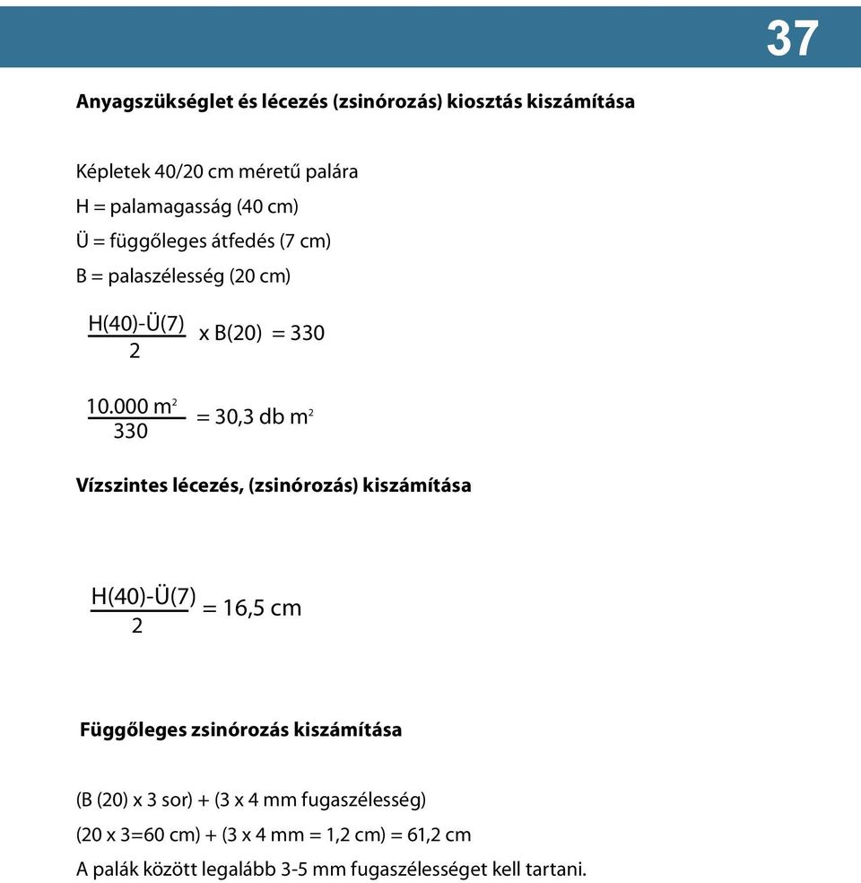 000 m = 30,3 db m 330 H(40)-Ü(7) x B(0) = 330 Vízszintes H(40)-Ü(7) lécezés, = 16,5 (zsinórozás) cm kiszámítása 10.