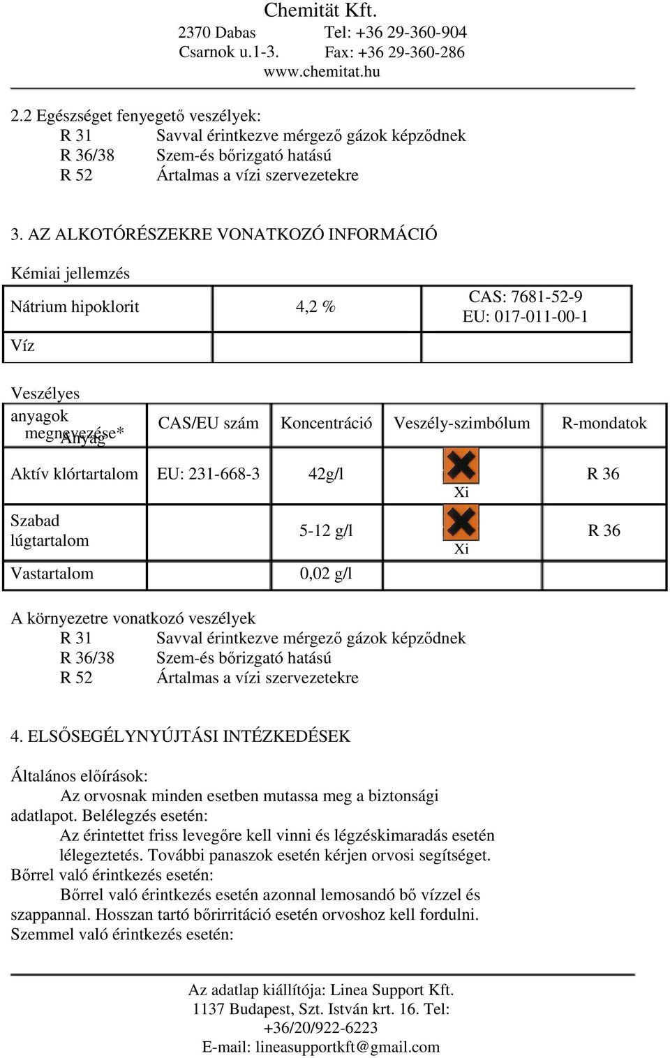 R-mondatok Aktív klórtartalom EU: 231-668-3 42g/l R 36 Szabad lúgtartalom Vastartalom 5-12 g/l R 36 0,02 g/l A környezetre vonatkozó veszélyek R 31 Savval érintkezve mérgező gázok képződnek R 36/38