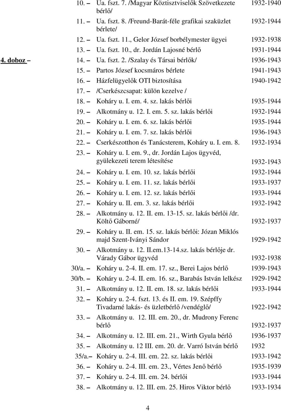 /Cserkészcsapat: külön kezelve / 18. Koháry u. I. em. 4. sz. lakás bérlıi 19351944 19. Alkotmány u. 12. I. em. 5. sz. lakás bérlıi 19321944 20. Koháry u. I. em. 6. sz. lakás bérlıi 19351944 21.