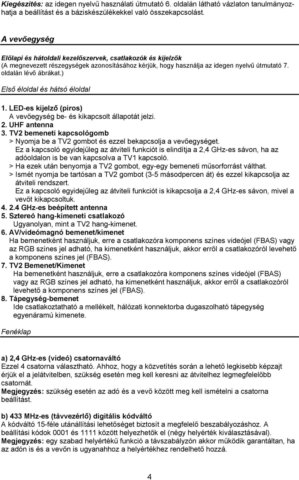 ) Első éloldal és hátsó éloldal 1. LED-es kijelző (piros) A vevőegység be- és kikapcsolt állapotát jelzi. 2. UHF antenna 3.