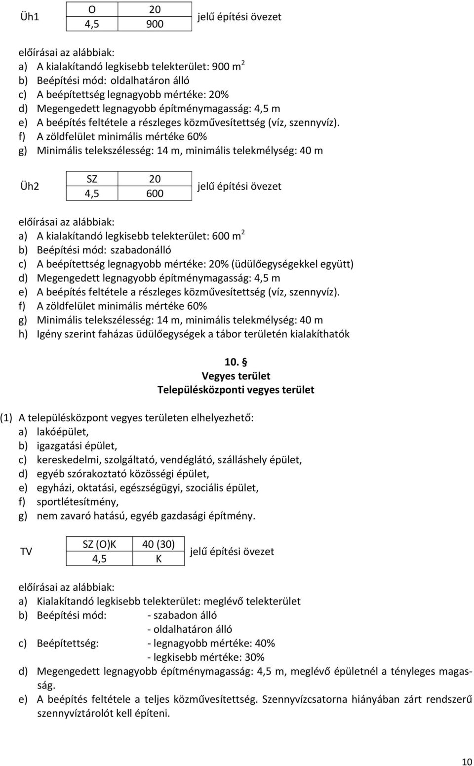 f) A zöldfelület minimális mértéke 60% g) Minimális telekszélesség: 14 m, minimális telekmélység: 40 m Üh2 SZ 20 4,5 600 a) A kialakítandó legkisebb telekterület: 600 m 2 b) Beépítési mód: