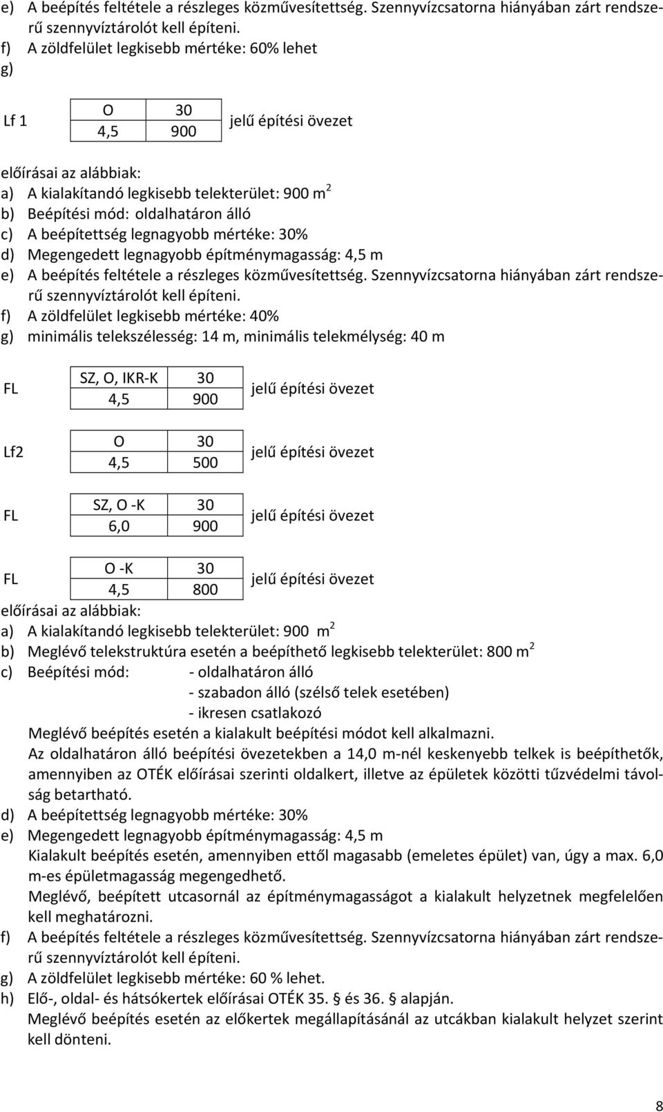 Megengedett legnagyobb építménymagasság: 4,5 m  f) A zöldfelület legkisebb mértéke: 40% g) minimális telekszélesség: 14 m, minimális telekmélység: 40 m FL Lf2 FL SZ, O, IKR K 30 4,5 900 O 30 4,5 500